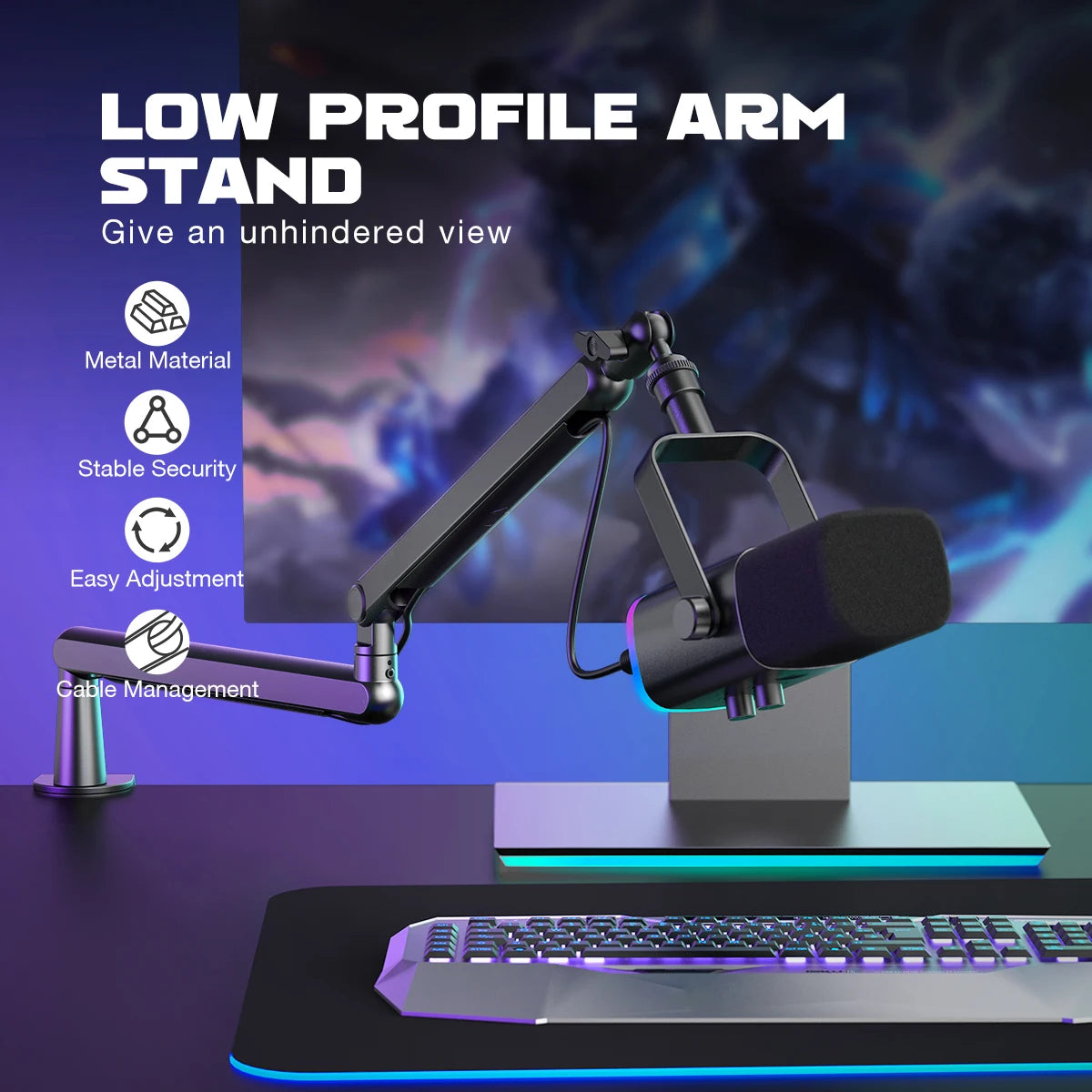 Adjustable Low-Profile Arm Microphone Stand with Cable Managment/Desk Mount, Suspension Boom for K688 Ampligame AM8-BM88