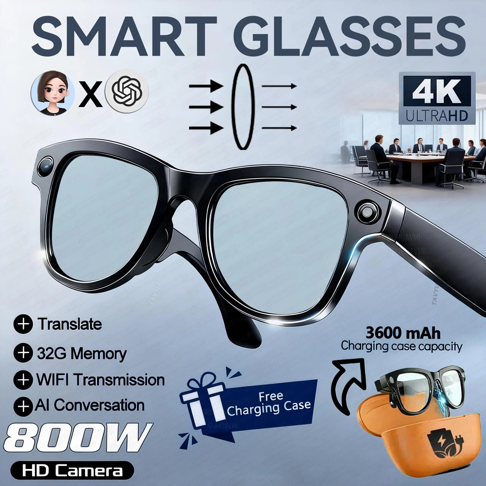 2026 New 32G Memory 800W 4K Camera Smart Glasses Men Photos&Videos 3600Mah Power Bank 120+Languages Translation AI Glasses Women