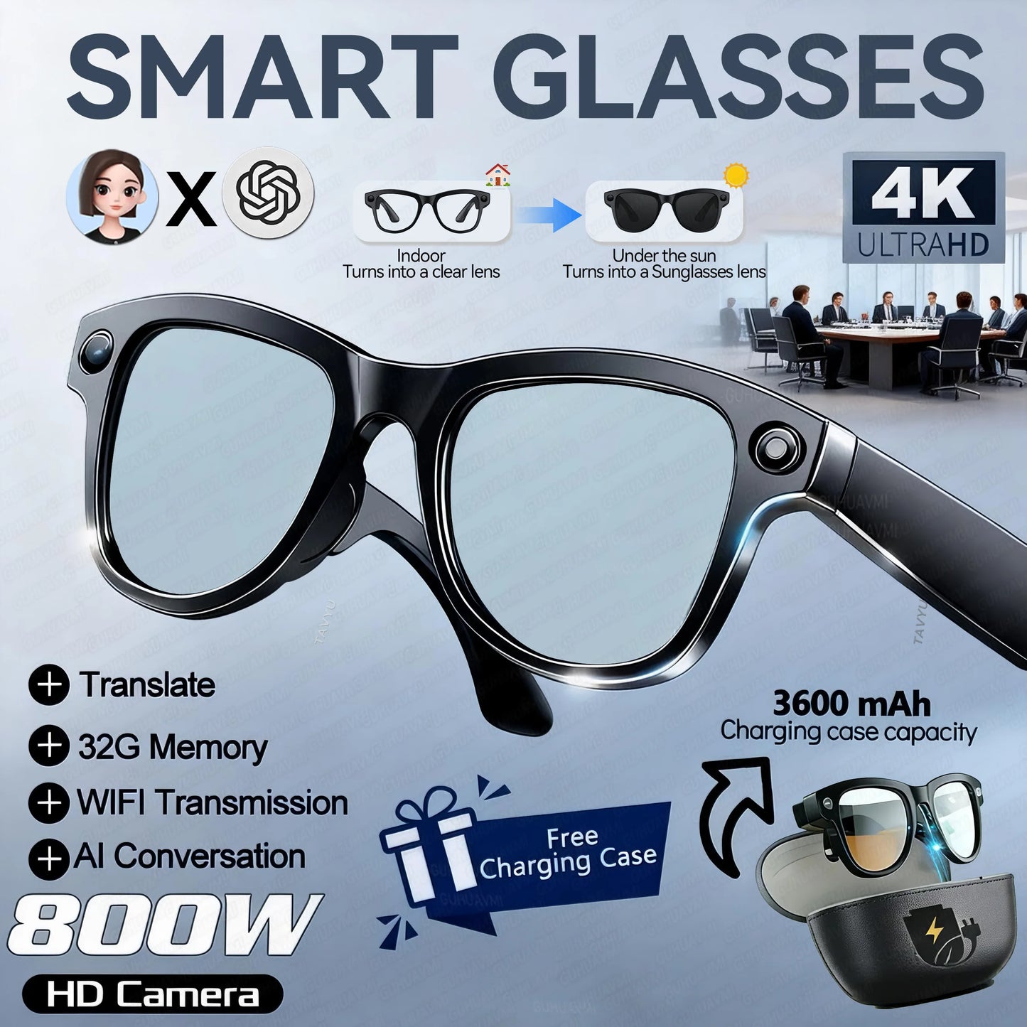 2026 New 32G Memory 800W 4K Camera Smart Glasses Men Photos&Videos 3600Mah Power Bank 120+Languages Translation AI Glasses Women